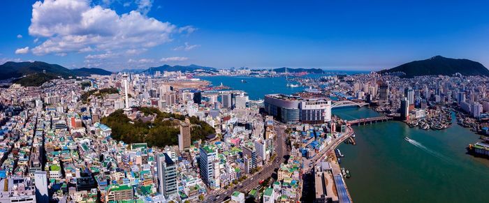 High angle view of city at waterfront