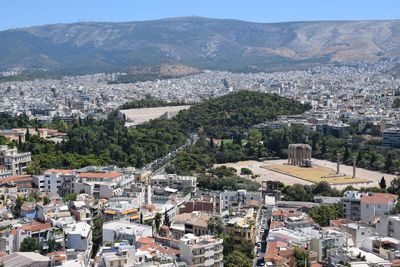 High angle view of buildings in city