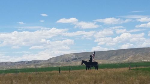 Man riding horse on field against sky