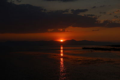 Scenic view of sea against romantic sky at sunset