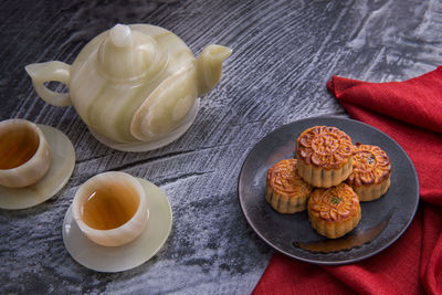 High angle view of dessert served on table