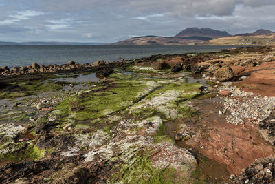 Scenic view of sea and mountains against sky