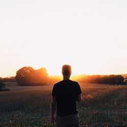 Scenic view of grassy field against sky at sunset