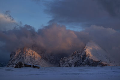 Scenic view of snow covered mountains against sky, dolomites, italy