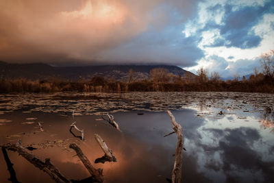 Scenic view of lake against sky during sunset