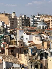 High angle view of buildings against sky