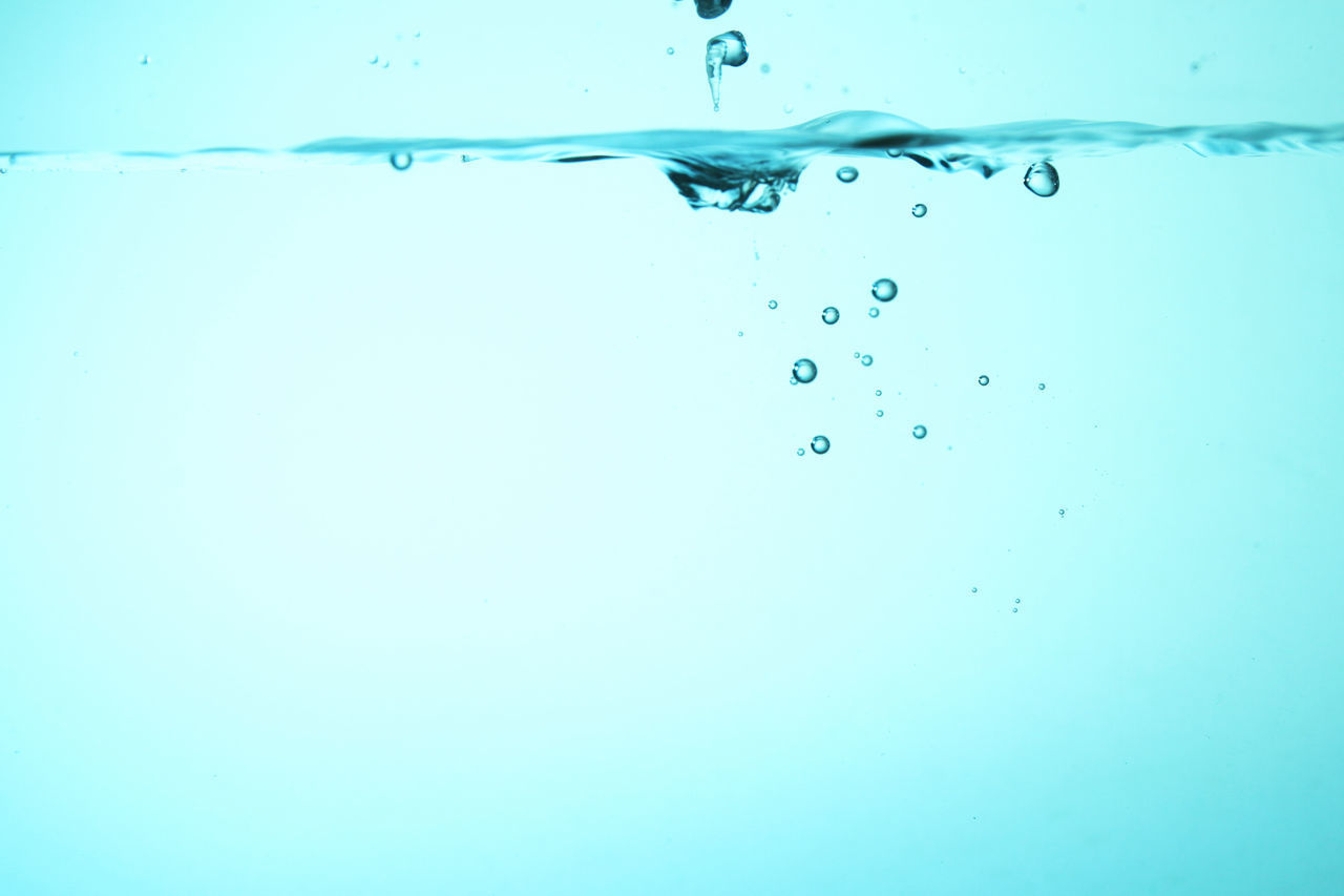 CLOSE-UP OF WATER DROPS ON BLUE BACKGROUND