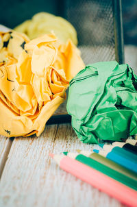 High angle view of paper on table