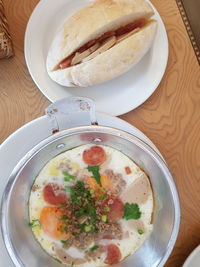 High angle view of soup in bowl on table