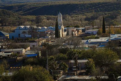 High angle view of buildings in town