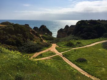 Scenic view of sea against sky with roads towards the sea