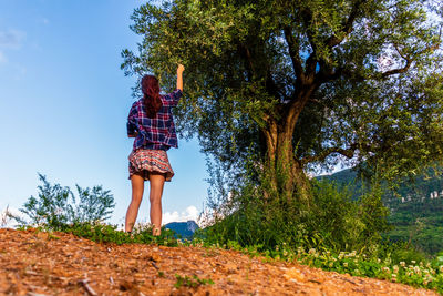 Rear view of woman standing by trees on land