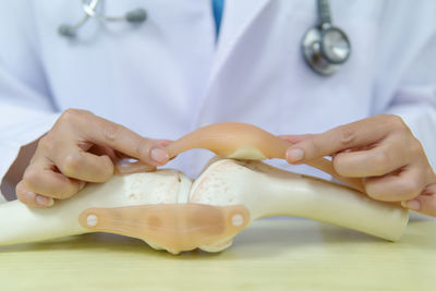 Midsection of doctor holding artificial joint