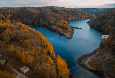 High angle view of river amidst trees during autumn