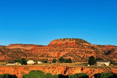 Scenic view of field against clear blue sky
