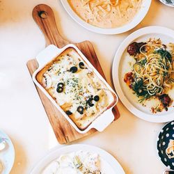 High angle view of serving food in plate on table