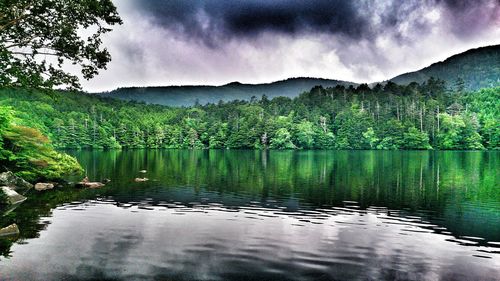 Scenic view of lake and mountains against sky