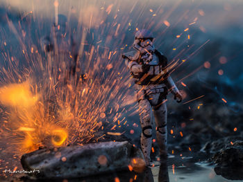 Firework display over fire crackers