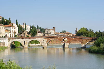 Arch bridge over river in city against clear sky