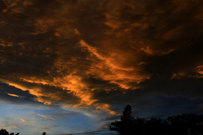 Low angle view of silhouette trees against dramatic sky