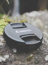 Close-up of camera on field