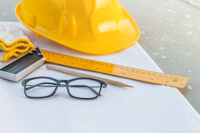 High angle view of eyeglasses on table