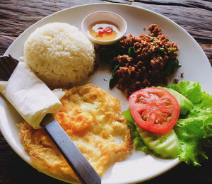High angle view of breakfast served on table