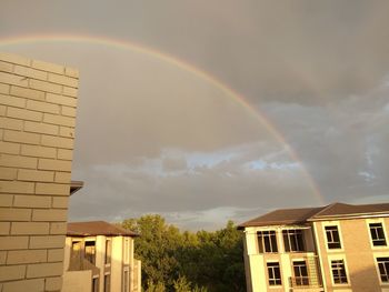 Rainbow over buildings in city against sky