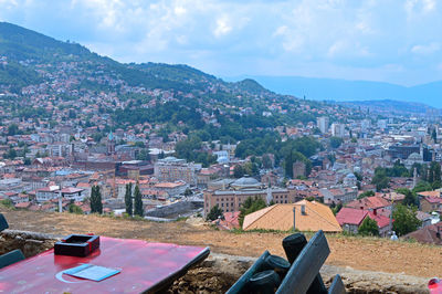 High angle view of townscape against sky