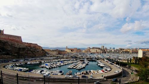 High angle view of buildings against cloudy sky