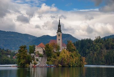 View of buildings by lake against sky