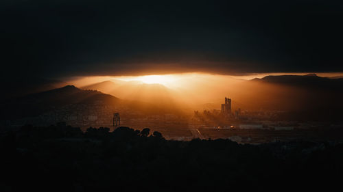 Silhouette of buildings in city during dramatic sunset