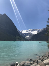 Scenic view of sea and mountains against blue sky