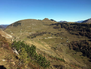 Scenic view of landscape against clear blue sky