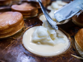 High angle view of breakfast in plate on table