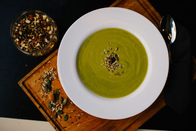 High angle view of food in plate on table