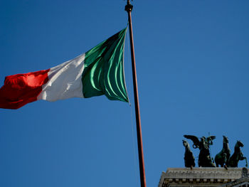 Low angle view of italian flag against clear blue sky