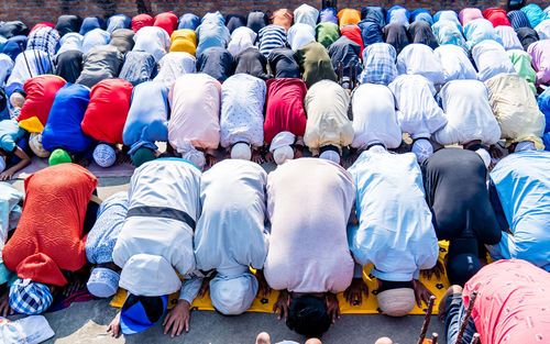 High angle view of people praying