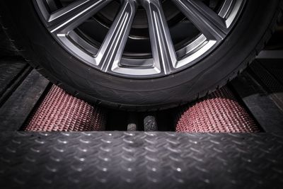 Close-up of tire in garage