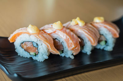 Close-up of sushi served in plate