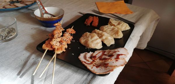 High angle view of food in plate on table