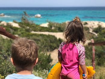 Rear view of siblings looking at sea