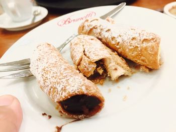 High angle view of meat in plate on table