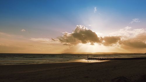 Scenic view of beach and sea against sky during sunset