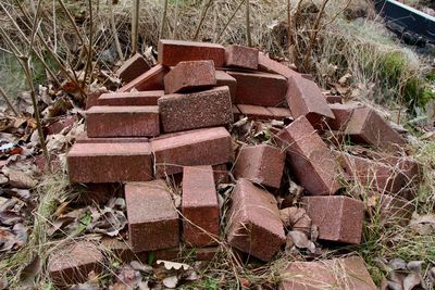 High angle view of stack of firewood