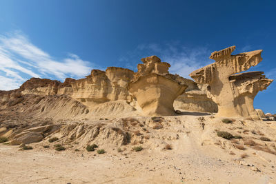 Low angle view of rock formations against sky