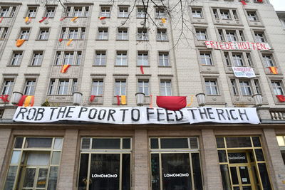 Low angle view of text on building