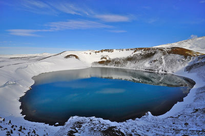 Scenic view of snow covered mountains against blue sky