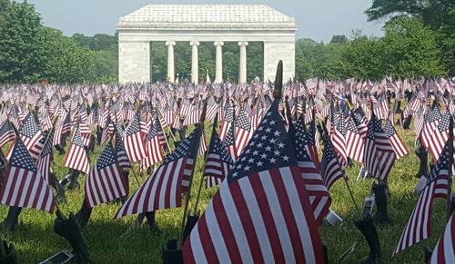 View of flag on grass against clear sky