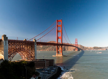 View of suspension bridge against clear blue sky